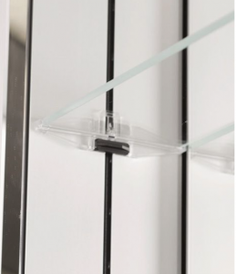 This patented shelf adjustment system uses a rider on the rails which allows shelf adjustment at 1" intervals without any tools required